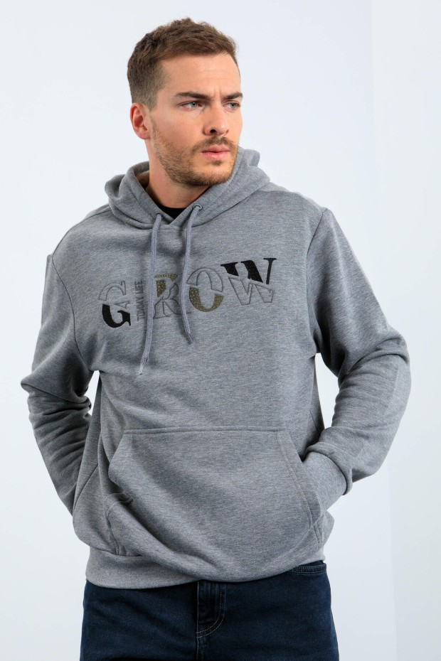 Grow Gri Melanj Yazı Nakışlı Kapüşonlu Rahat Form Erkek Sweatshirt - 88040
