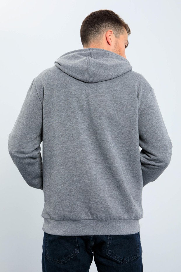 Grow Gri Melanj Yazı Nakışlı Kapüşonlu Rahat Form Erkek Sweatshirt - 88040