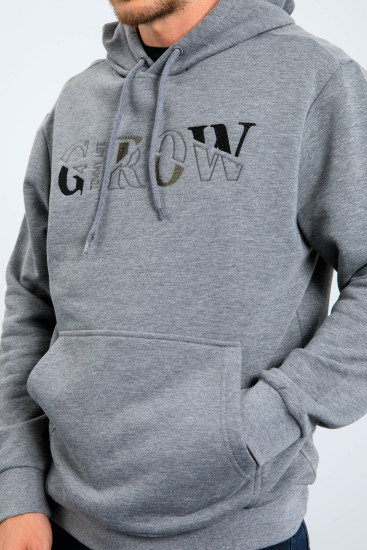 Grow Gri Melanj Yazı Nakışlı Kapüşonlu Rahat Form Erkek Sweatshirt - 88040 - Thumbnail