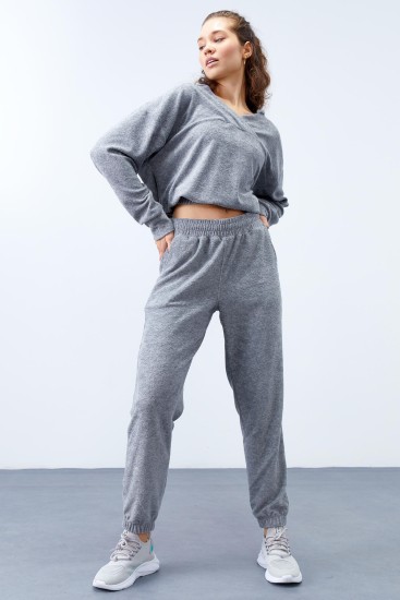 Gri Melanj Havlu Kumaş Kapüşonlu Lastik Paça Kadın Oversize Eşofman Takım - 95311 