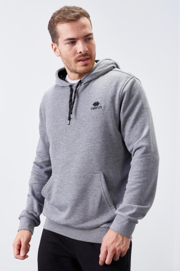 Gri Melanj Kanguru Cep Standart Kalıp Kapüşonlu Erkek Sweatshirt - 87872 