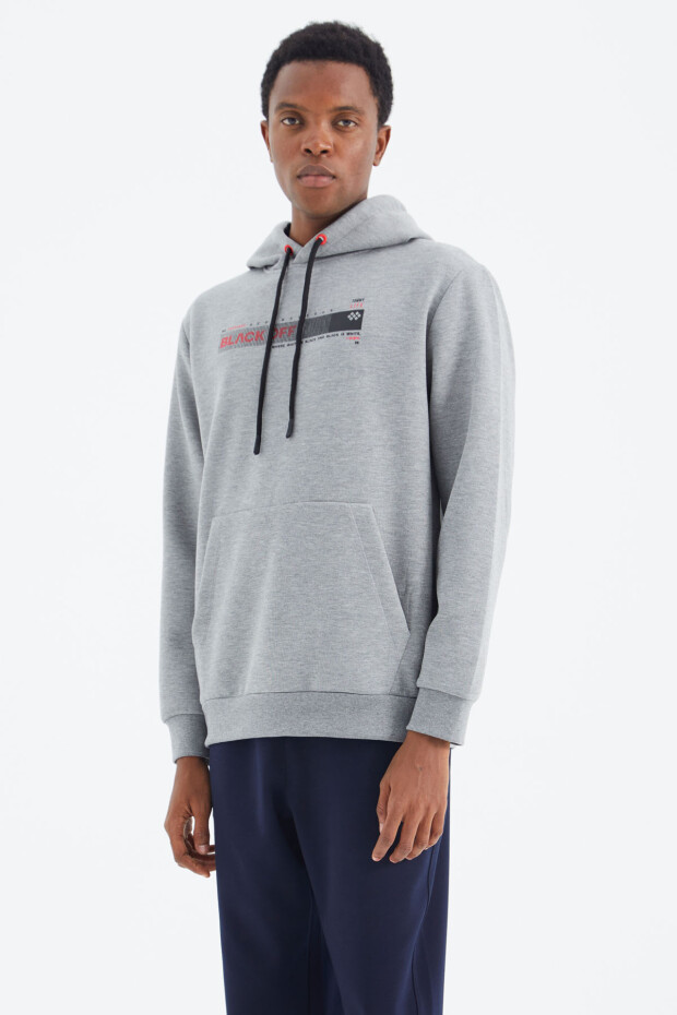 Gri Melanj Kapüşonlu Bağcıklı Baskı Detaylı Rahat Kalıp Erkek Sweatshirt - 88287