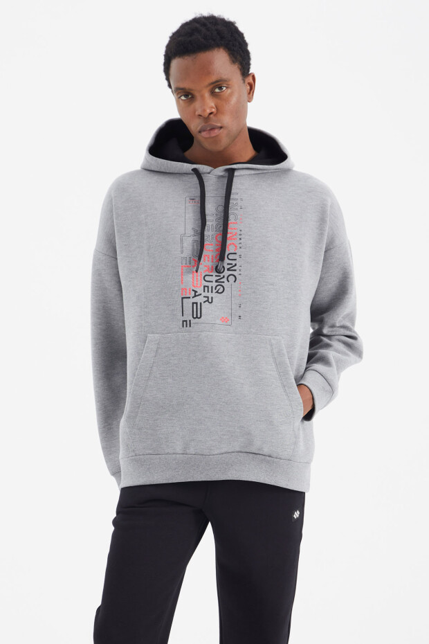 Gri Melanj Kapüşonlu Baskı Detaylı Rahat Kalıp Erkek Sweatshirt - 88285