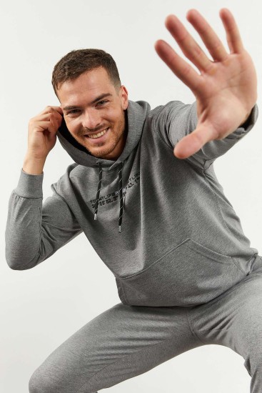 Gri Melanj Kapüşonlu Kanguru Cep Lastik Paça Erkek Oversize Eşofman Takımı - 85117 - TOMMYLIFE (1)