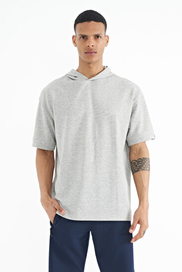 Gri Melanj Kapüşonlu Kol Etiket Detaylı Oversize Erkek T-shirt - 88179 