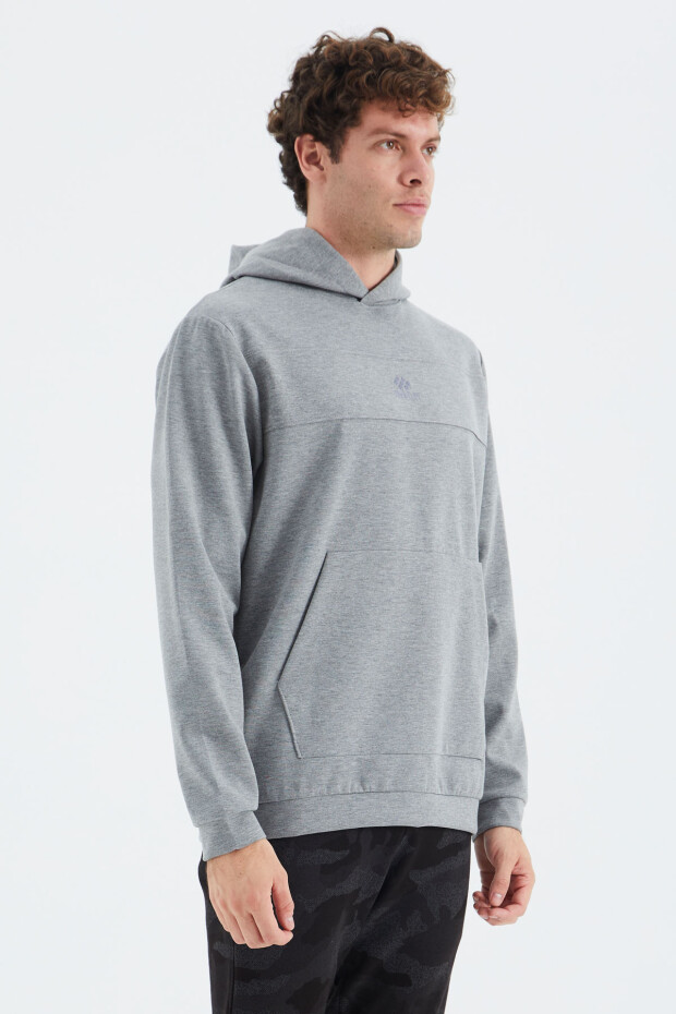 Gri Melanj Kapüşonlu Ön Dikiş Detaylı Rahat Kalıp Erkek Sweatshirt - 88277