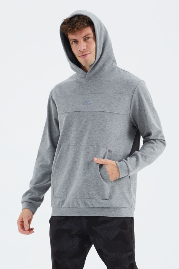 Gri Melanj Kapüşonlu Ön Dikiş Detaylı Rahat Kalıp Erkek Sweatshirt - 88277