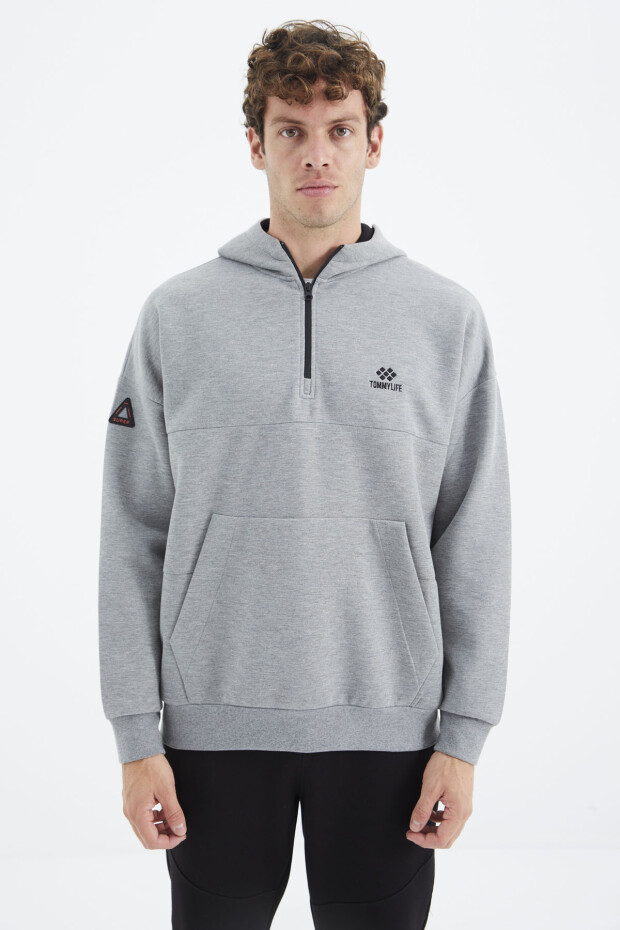 Gri Melanj Kapüşonlu Yarım Fermuarlı Cep Detaylı Rahat Kalıp Erkek Sweatshirt - 88294