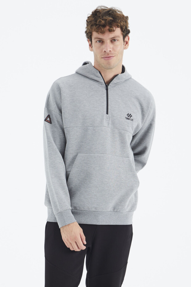 Gri Melanj Kapüşonlu Yarım Fermuarlı Cep Detaylı Rahat Kalıp Erkek Sweatshirt - 88294