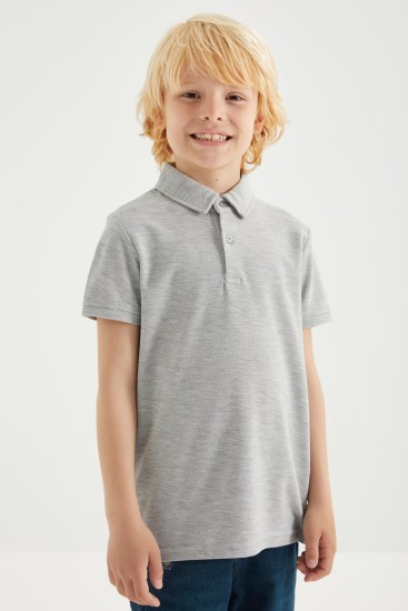 Gri Melanj Klasik Kısa Kollu Polo Yaka Erkek Çocuk T-Shirt - 10962 