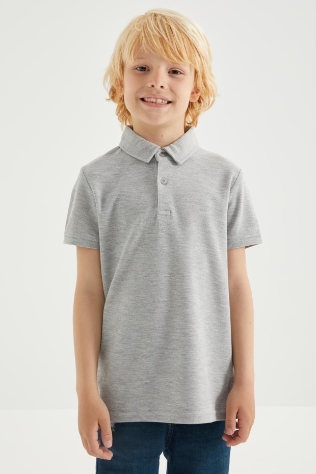 Gri Melanj Klasik Kısa Kollu Polo Yaka Erkek Çocuk T-Shirt - 10962