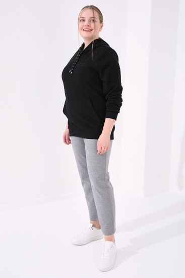 Gri Melanj Klasik Paça Taş Detaylı Kadın Büyük Beden Eşofman Alt - 94040 - TOMMYLIFE (1)