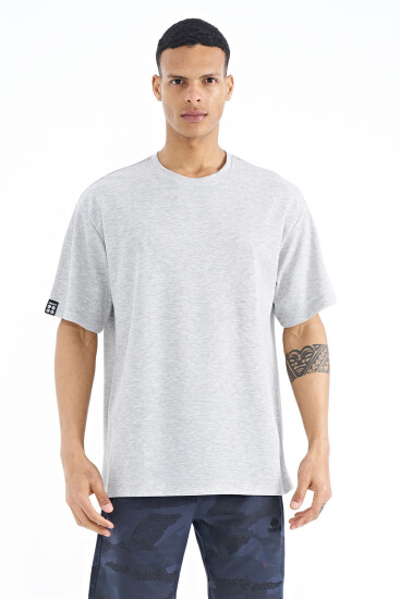 Gri Melanj Kol Arma Detaylı Basic Oversize Erkek T-Shirt - 88193 