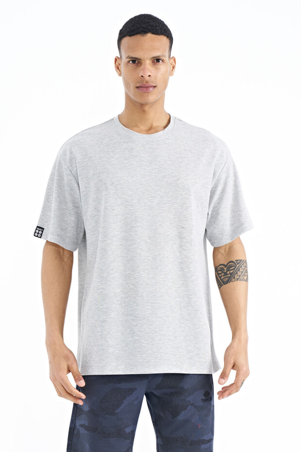 Gri Melanj Kol Arma Detaylı Basic Oversize Erkek T-Shirt - 88193 - 1
