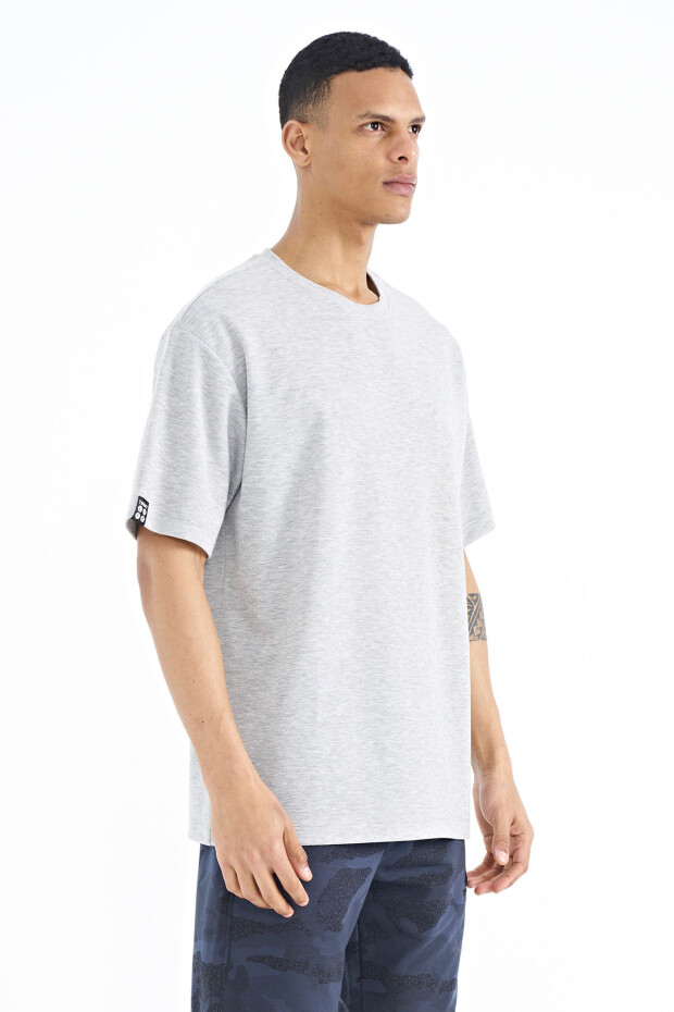 Gri Melanj Kol Arma Detaylı Basic Oversize Erkek T-Shirt - 88193 - 4