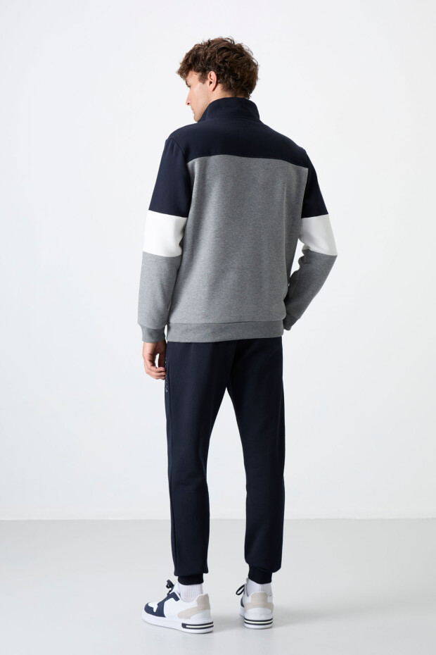Gri Melanj - Lacivert Dik Yaka Renk Geçişli İçi Polarlı Erkek Eşofman Takımı - 85186 - 7