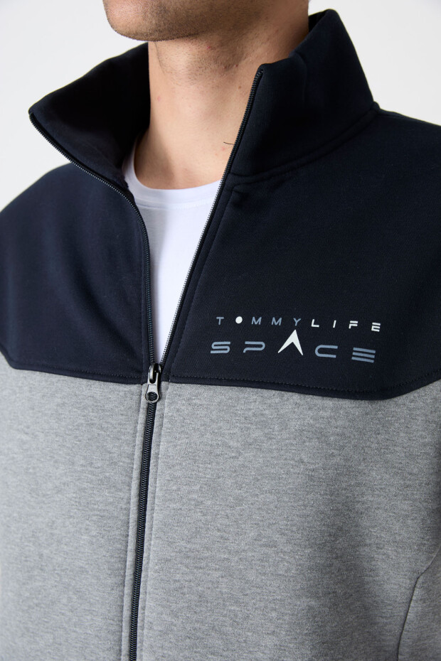 Gri Melanj - Lacivert Dik Yaka Renk Geçişli İçi Polarlı Erkek Eşofman Takımı - 85186 - 3