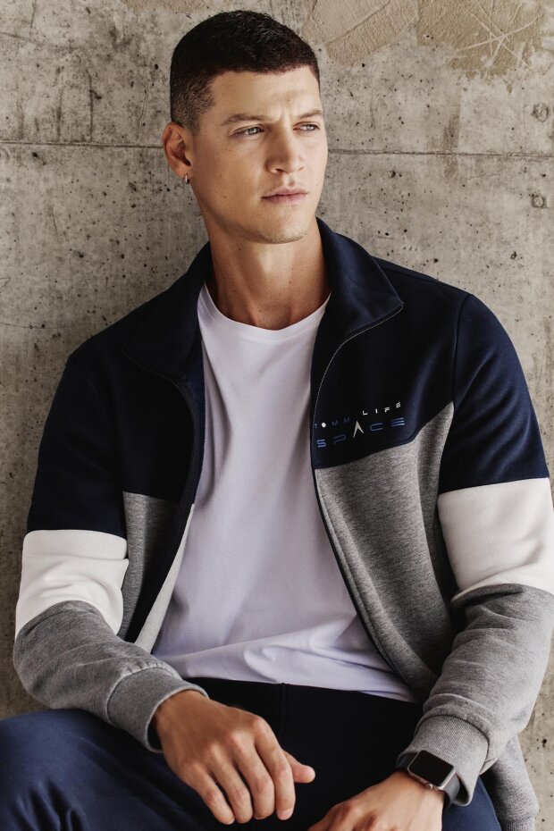 Gri Melanj - Lacivert Dik Yaka Renk Geçişli İçi Polarlı Erkek Eşofman Takımı - 85186 - 1