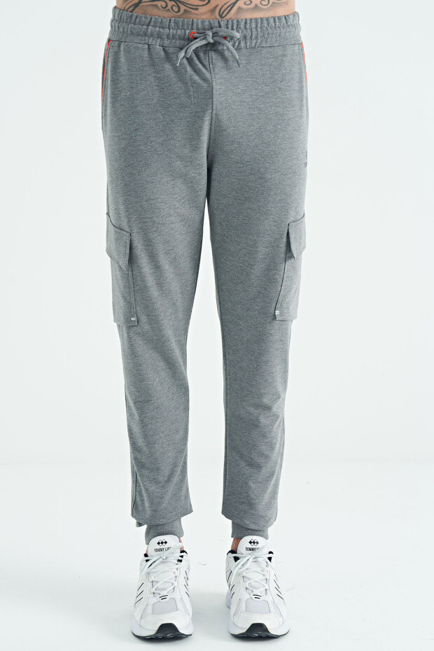 Gri Melanj Logo Nakış Detaylı Kargo Cepli Erkek Jogger Eşofman Alt - 84959