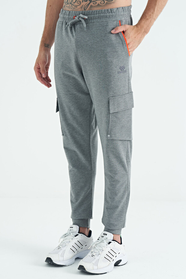 Gri Melanj Logo Nakış Detaylı Kargo Cepli Erkek Jogger Eşofman Alt - 84959