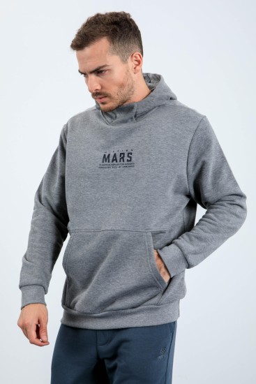 Gri Melanj Mars Yazı Ve Sırt Baskılı Kapüşonlu Rahat Form Erkek Sweatshirt - 88032 - Thumbnail