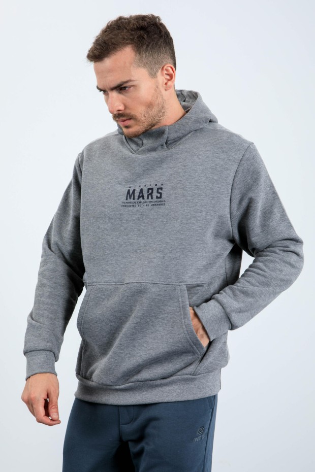 Gri Melanj Mars Yazı Ve Sırt Baskılı Kapüşonlu Rahat Form Erkek Sweatshirt - 88032