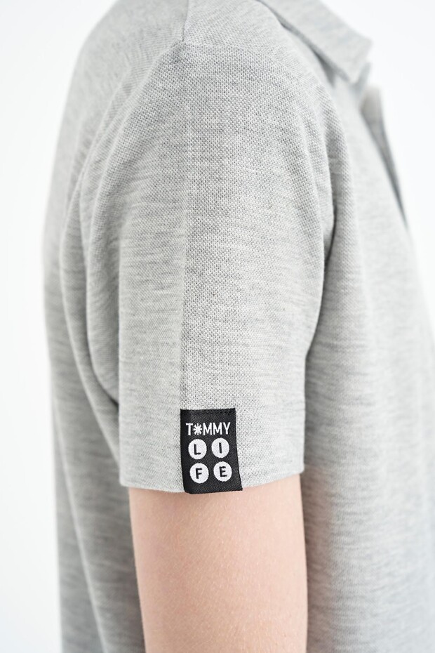 Gri Melanj Minimal Nakış Detaylı Standart Kalıp Polo Yaka Erkek Çocuk T-Shirt - 11084