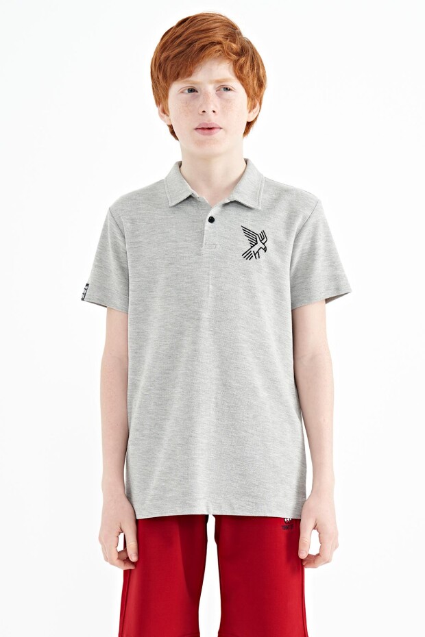 Gri Melanj Minimal Nakış Detaylı Standart Kalıp Polo Yaka Erkek Çocuk T-Shirt - 11084