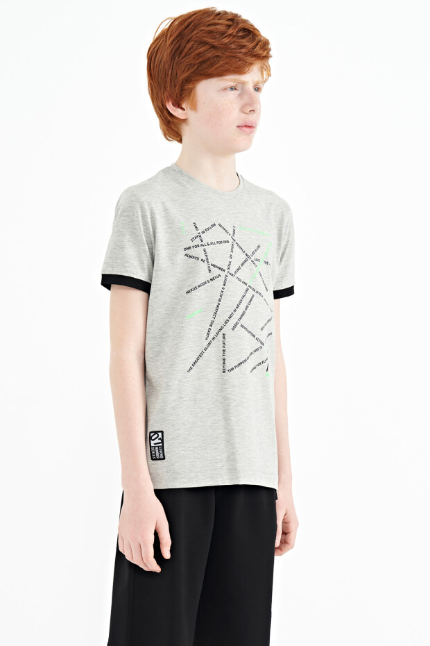 Gri Melanj Minimal Yazı Baskılı Standart Kalıp O Yaka Erkek Çocuk T-Shirt - 11132