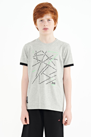 Gri Melanj Minimal Yazı Baskılı Standart Kalıp O Yaka Erkek Çocuk T-Shirt - 11132 