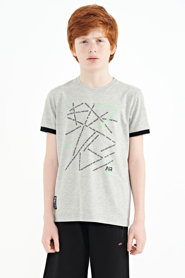 Gri Melanj Minimal Yazı Baskılı Standart Kalıp O Yaka Erkek Çocuk T-Shirt - 11132