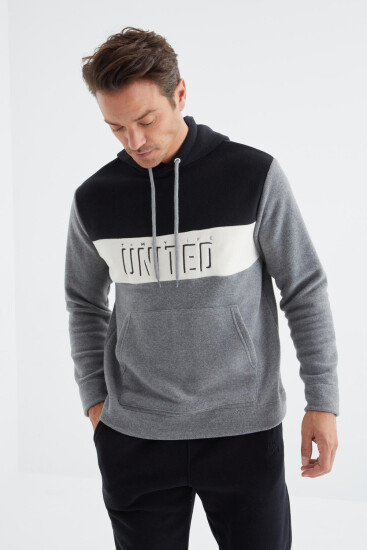 Gri Melanj Nakış Detaylı Kapüşonlu Kanguru Cepli Erkek Polar Sweatshirt - 88155 
