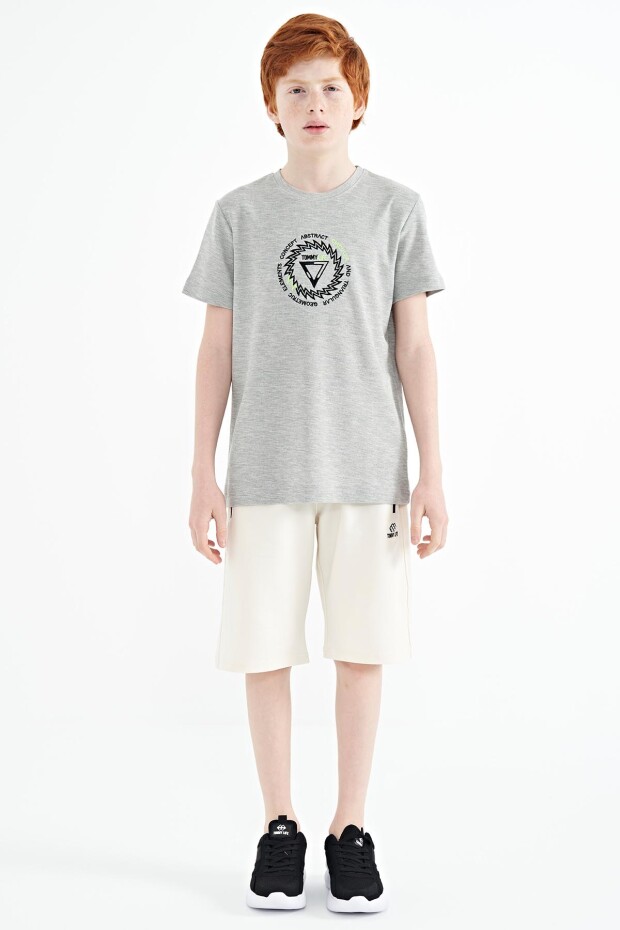Gri Melanj Nakış İşleme Detaylı O Yaka Standart Kalıp Erkek Çocuk T-Shirt - 11115 - 2