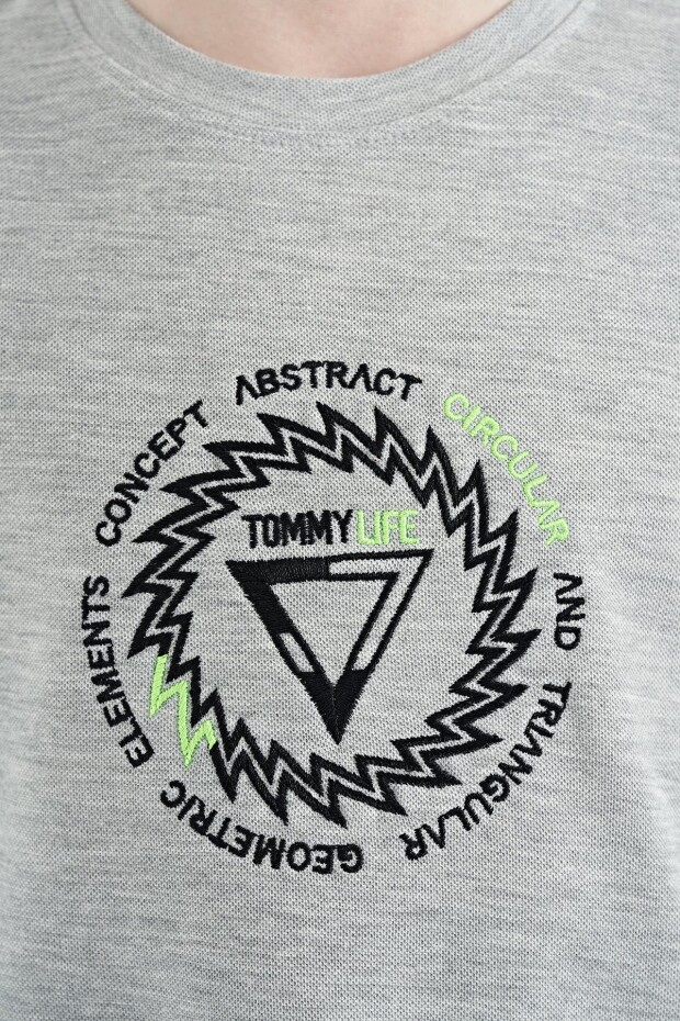 Gri Melanj Nakış İşleme Detaylı O Yaka Standart Kalıp Erkek Çocuk T-Shirt - 11115 - 6