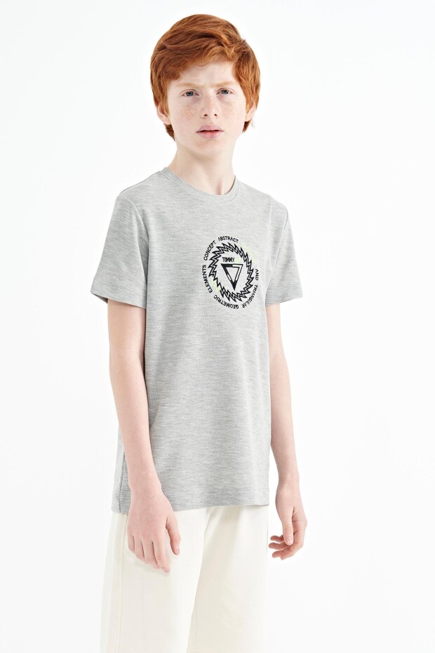 Gri Melanj Nakış İşleme Detaylı O Yaka Standart Kalıp Erkek Çocuk T-Shirt - 11115 - 4