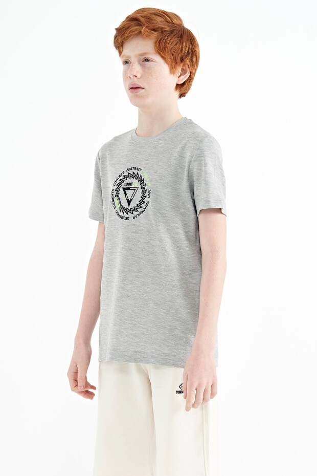 Gri Melanj Nakış İşleme Detaylı O Yaka Standart Kalıp Erkek Çocuk T-Shirt - 11115 - 3