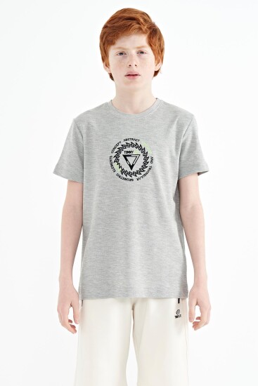Gri Melanj Nakış İşleme Detaylı O Yaka Standart Kalıp Erkek Çocuk T-Shirt - 11115 