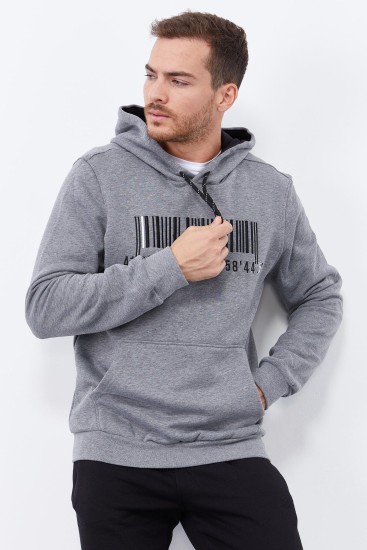 Gri Melanj Nakışlı Kanguru Cep Standart Kalıp Kapüşonlu Erkek Sweatshirt - 87839 