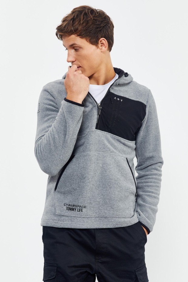 Gri Melanj Nakışlı Yarım Fermuar Kapüşonlu Standart Kalıp Erkek Polar Sweatshirt - 87996 - 1