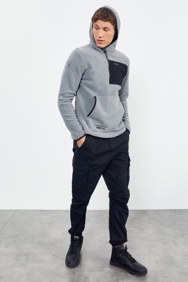 Gri Melanj Nakışlı Yarım Fermuar Kapüşonlu Standart Kalıp Erkek Polar Sweatshirt - 87996 - TOMMYLIFE (1)