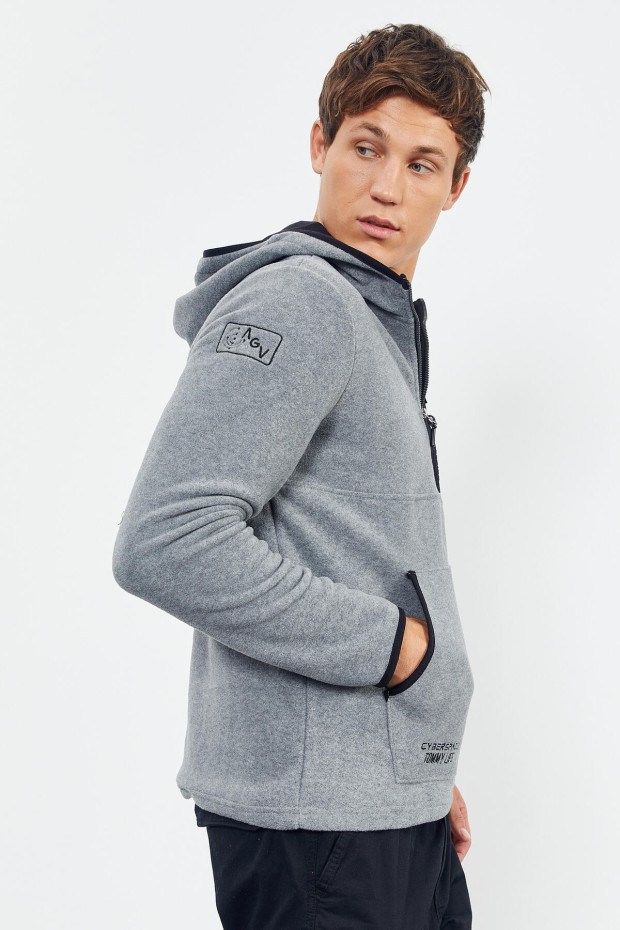 Gri Melanj Nakışlı Yarım Fermuar Kapüşonlu Standart Kalıp Erkek Polar Sweatshirt - 87996 - 3