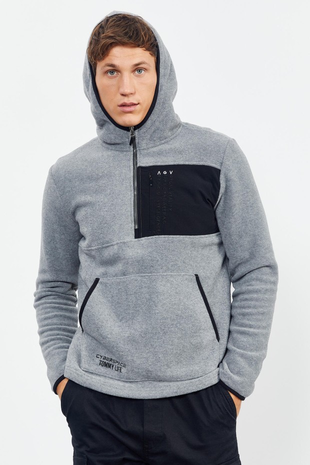 Gri Melanj Nakışlı Yarım Fermuar Kapüşonlu Standart Kalıp Erkek Polar Sweatshirt - 87996 - 5