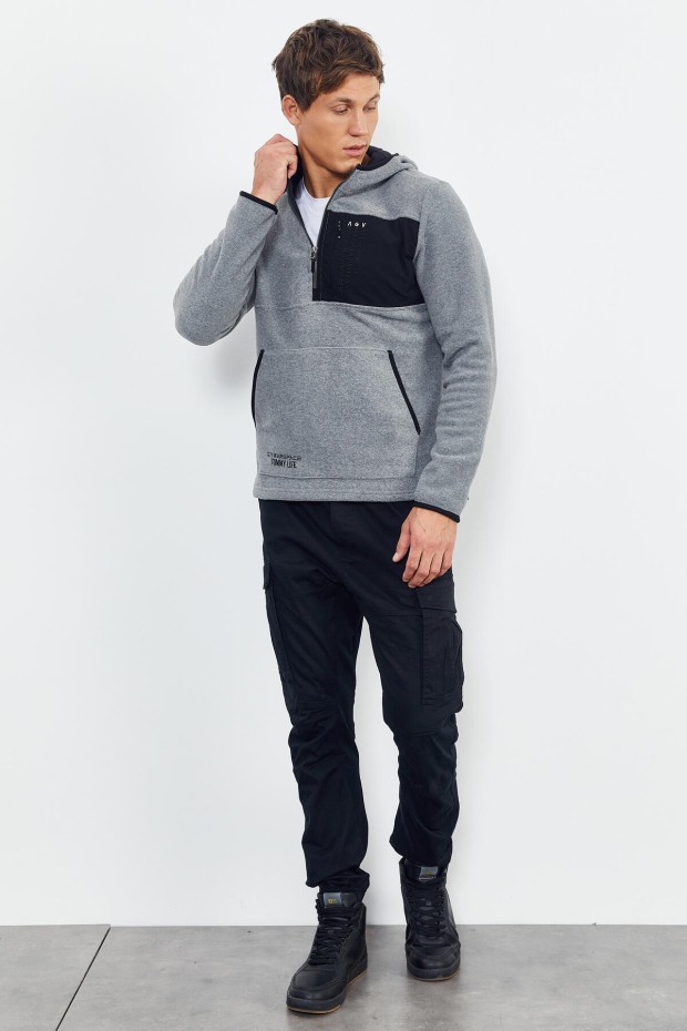 Gri Melanj Nakışlı Yarım Fermuar Kapüşonlu Standart Kalıp Erkek Polar Sweatshirt - 87996 - 6