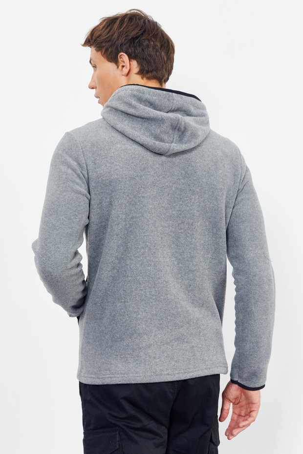 Gri Melanj Nakışlı Yarım Fermuar Kapüşonlu Standart Kalıp Erkek Polar Sweatshirt - 87996 - 7