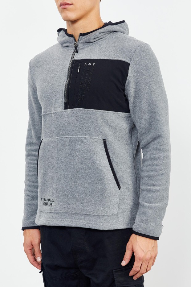 Gri Melanj Nakışlı Yarım Fermuar Kapüşonlu Standart Kalıp Erkek Polar Sweatshirt - 87996 - 8