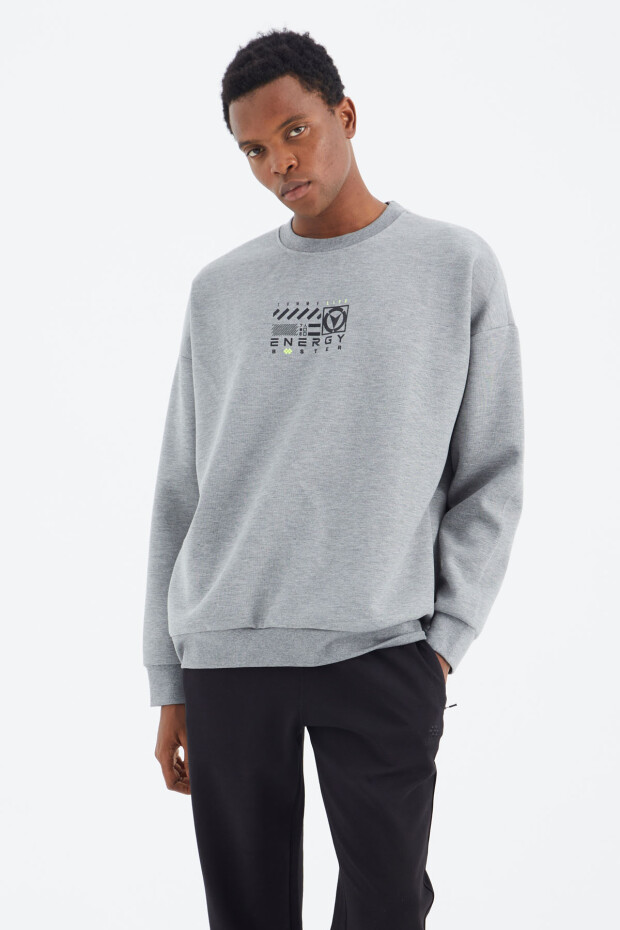 Gri Melanj O Yaka Baskı Detaylı Rahat Kalıp Erkek Sweatshirt - 88284