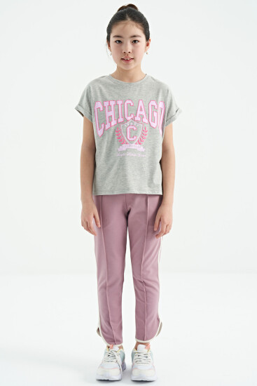 Gri Melanj O Yaka Düşük Omuzlu Rahat Form Kısa Kollu Kız Çocuk T-Shirt - 75128 - TOMMYLIFE (1)