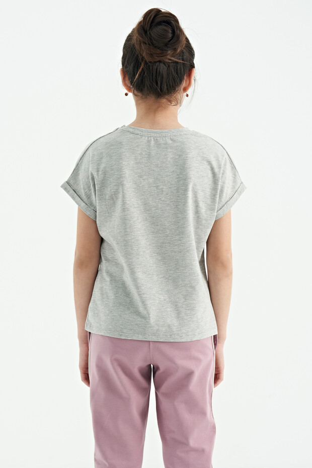 Gri Melanj O Yaka Düşük Omuzlu Rahat Form Kısa Kollu Kız Çocuk T-Shirt - 75128