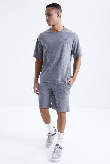 Gri Melanj O Yaka Oversize Bermuda Erkek Şort Takım - 85164 