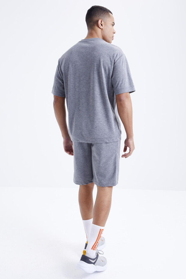 Gri Melanj O Yaka Oversize Bermuda Erkek Şort Takım - 85164 - 2